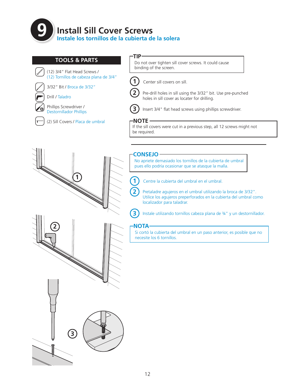 Install sill cover screws | ODL Standard Retractable Screen Doors - double doors User Manual | Page 12 / 20