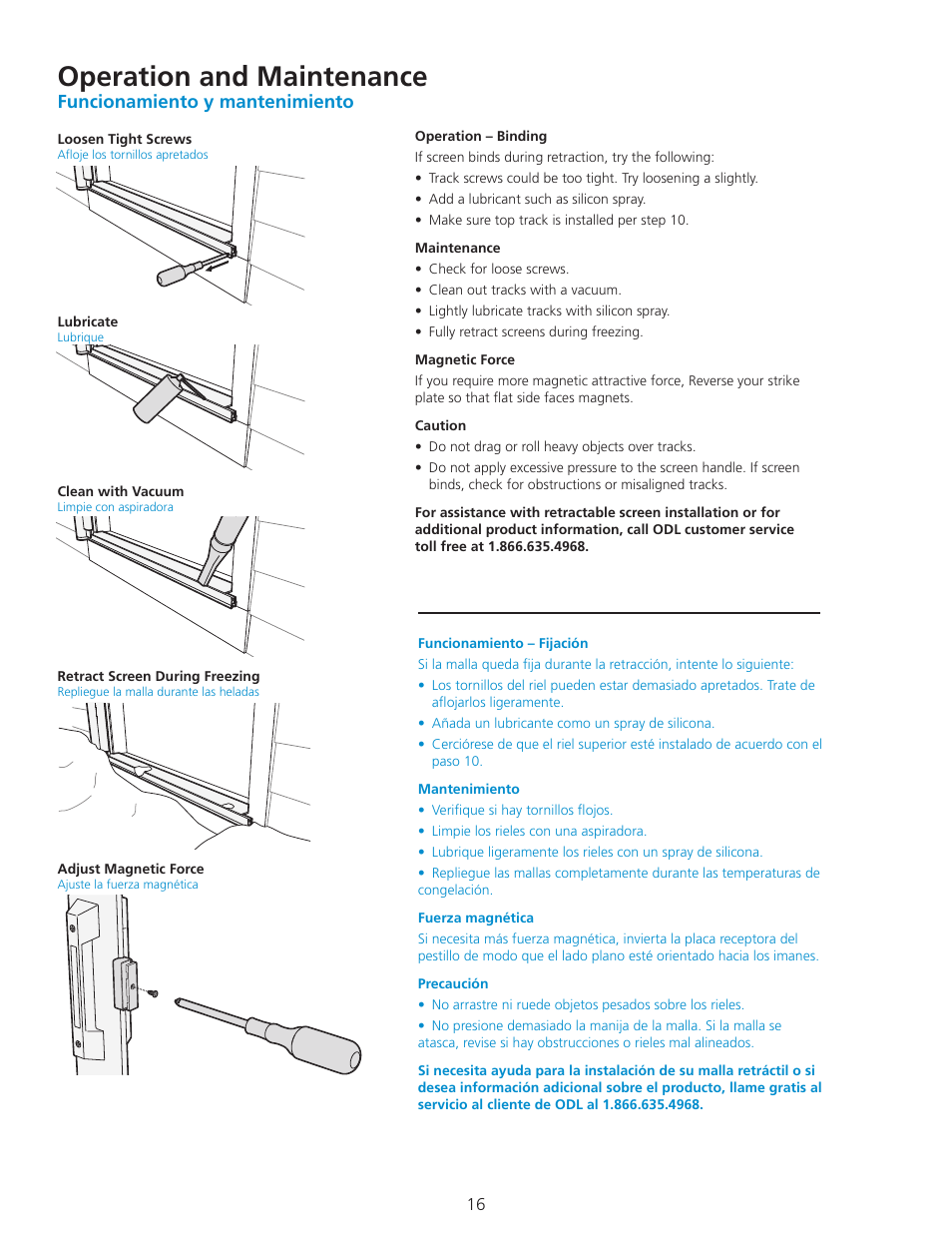 Operation and maintenance, Funcionamiento y mantenimiento | ODL Standard Retractable Screen Doors - double doors User Manual | Page 16 / 20