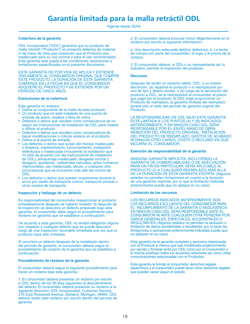 Garantía limitada para la malla retráctil odl | ODL Standard Retractable Screen Doors - double doors User Manual | Page 18 / 20