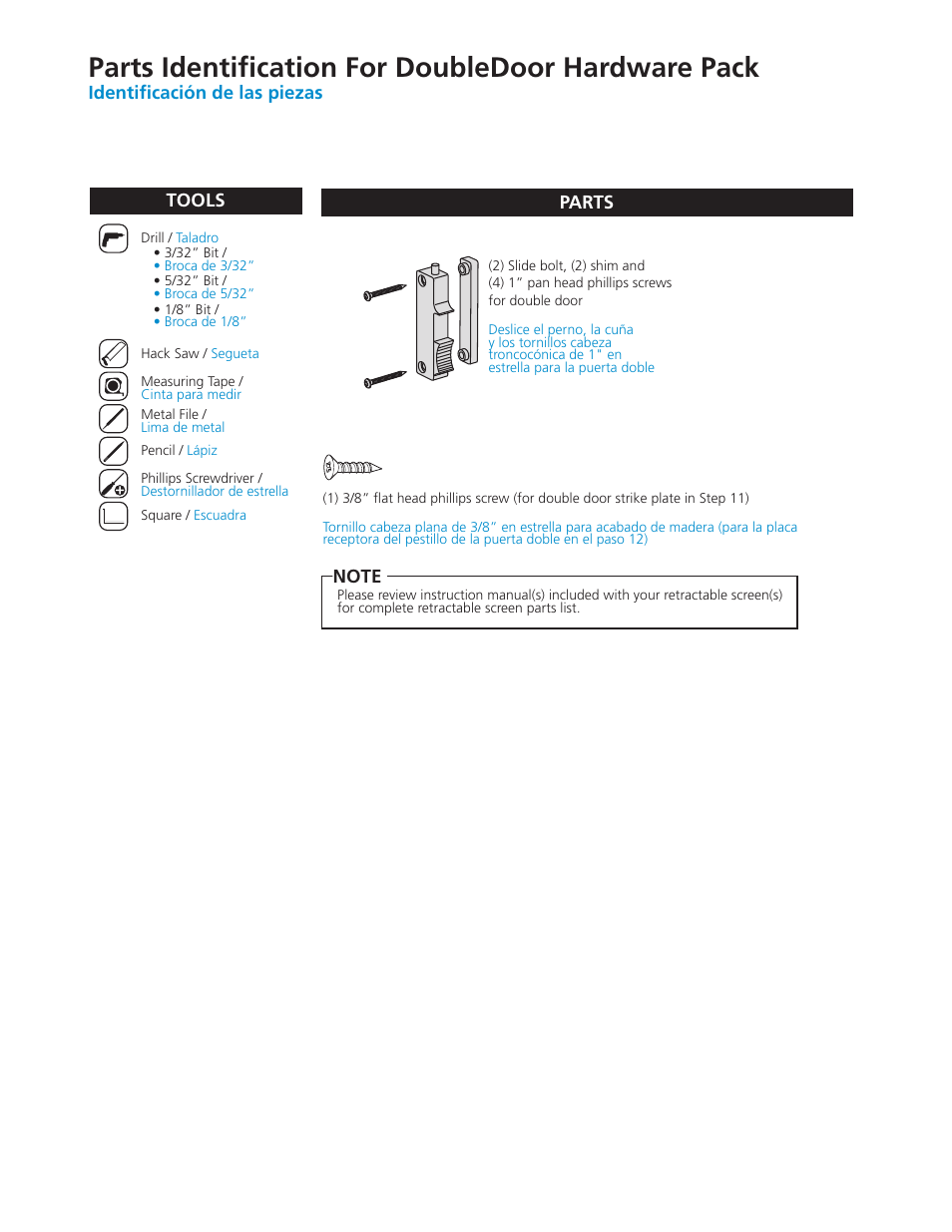 Parts identification for doubledoor hardware pack | ODL Standard Retractable Screen Doors - double doors User Manual | Page 2 / 20