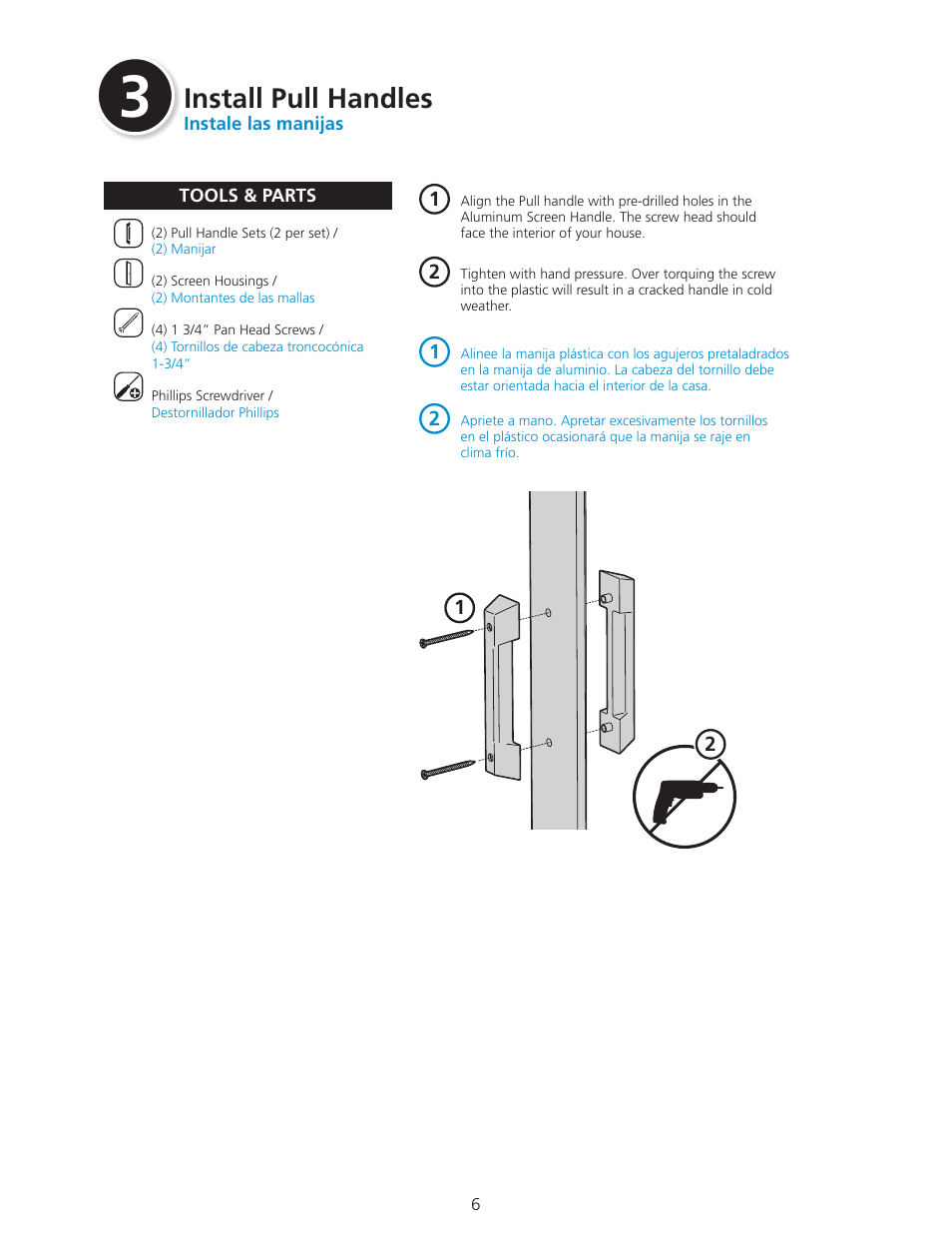 Install pull handles | ODL Standard Retractable Screen Doors - double doors User Manual | Page 6 / 20