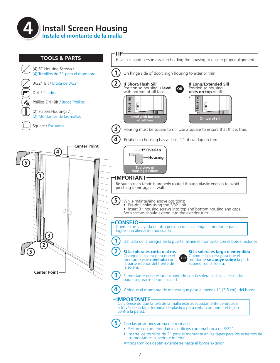 Install screen housing | ODL Standard Retractable Screen Doors - double doors User Manual | Page 7 / 20