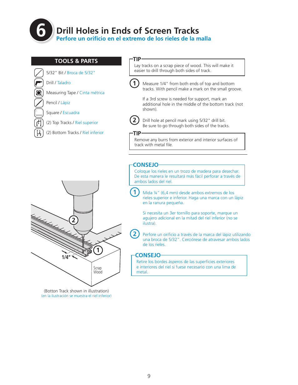 Drill holes in ends of screen tracks | ODL Standard Retractable Screen Doors - double doors User Manual | Page 9 / 20