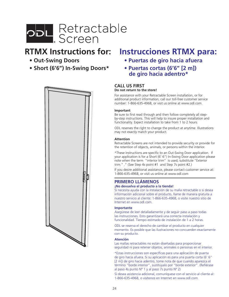 Rtmx instructions for, Nstrucciones | ODL Standard Retractable Screen Door - sliding glass doors, out-swing doors, and short (6'6) in-swing doors