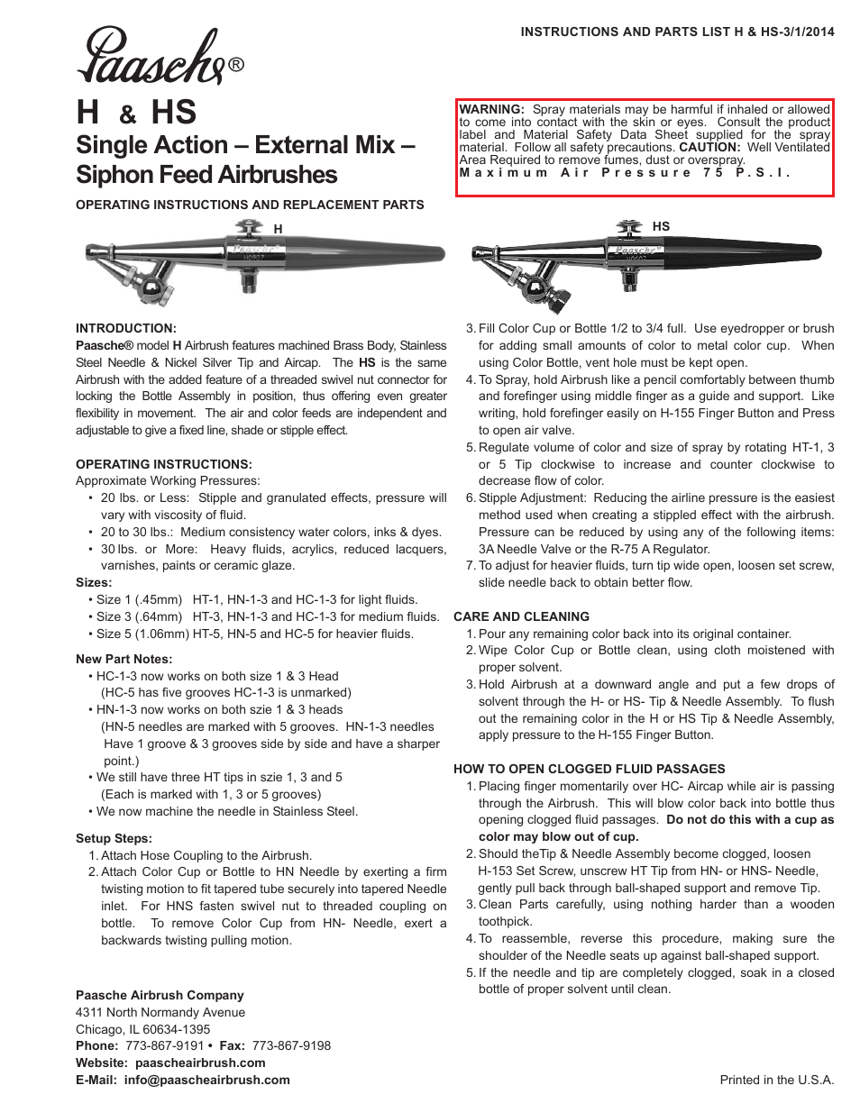 Paasche Airbrush H/HS-PL User Manual | 2 pages