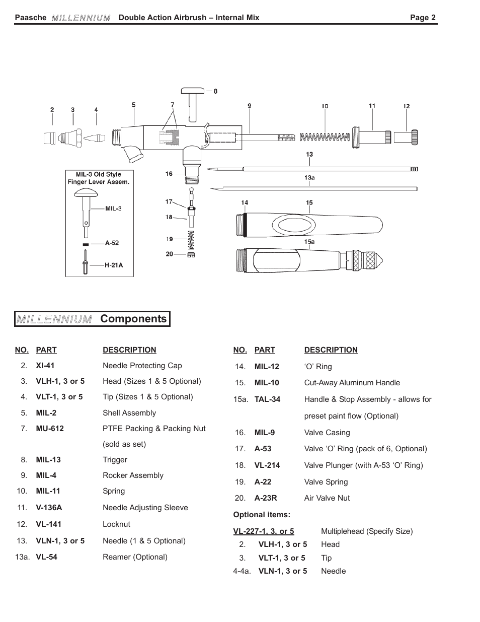 Millennium components | Paasche Airbrush MIL-PL User Manual | Page 2 / 4