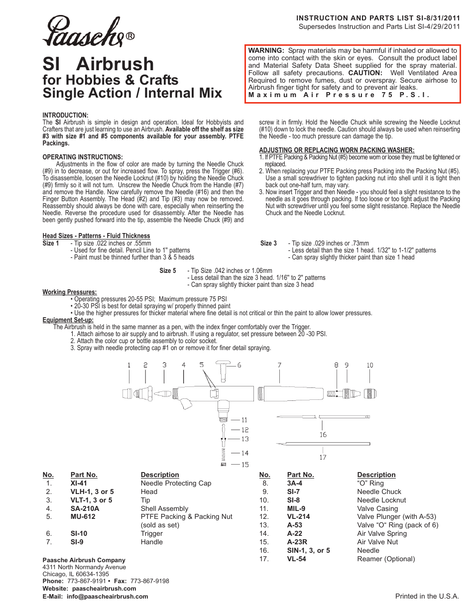 Paasche Airbrush SI-PL User Manual | 2 pages