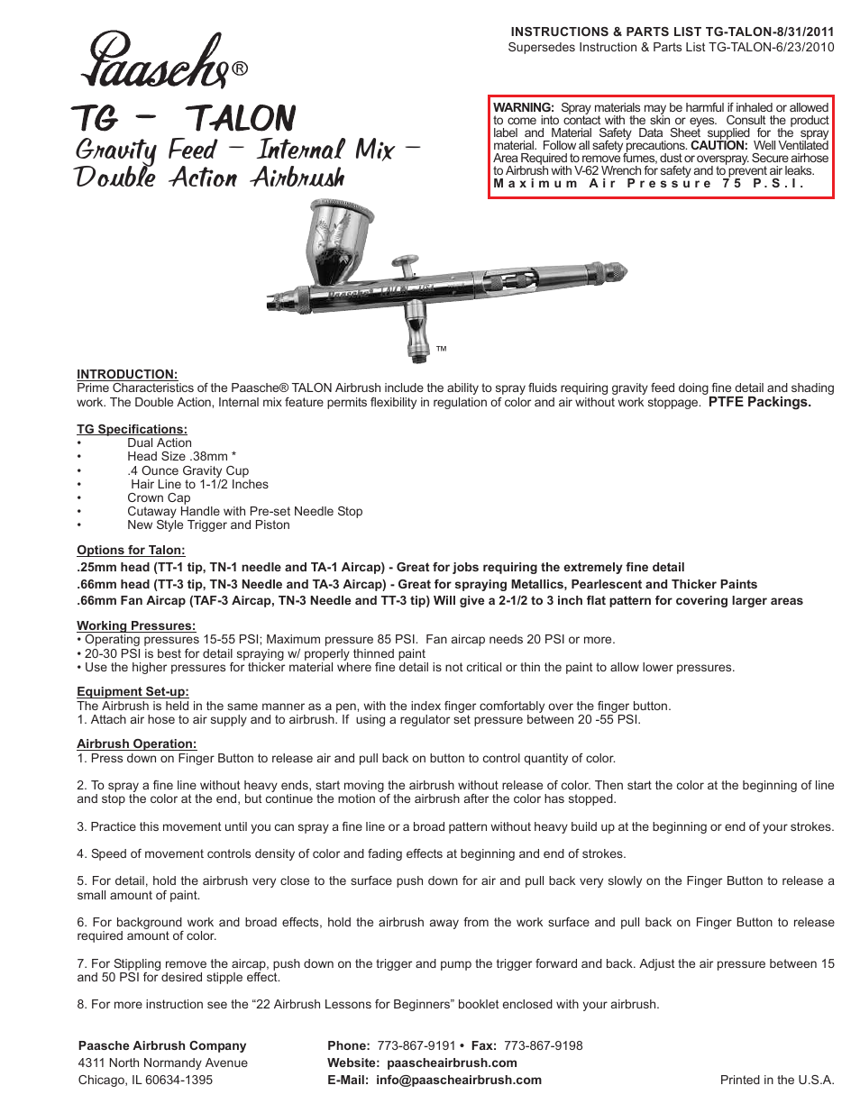 Paasche Airbrush TG-PL User Manual | 4 pages