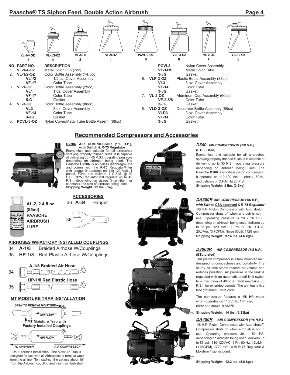 Recommended compressors and accessories | Paasche Airbrush TS-PL User Manual | Page 4 / 4