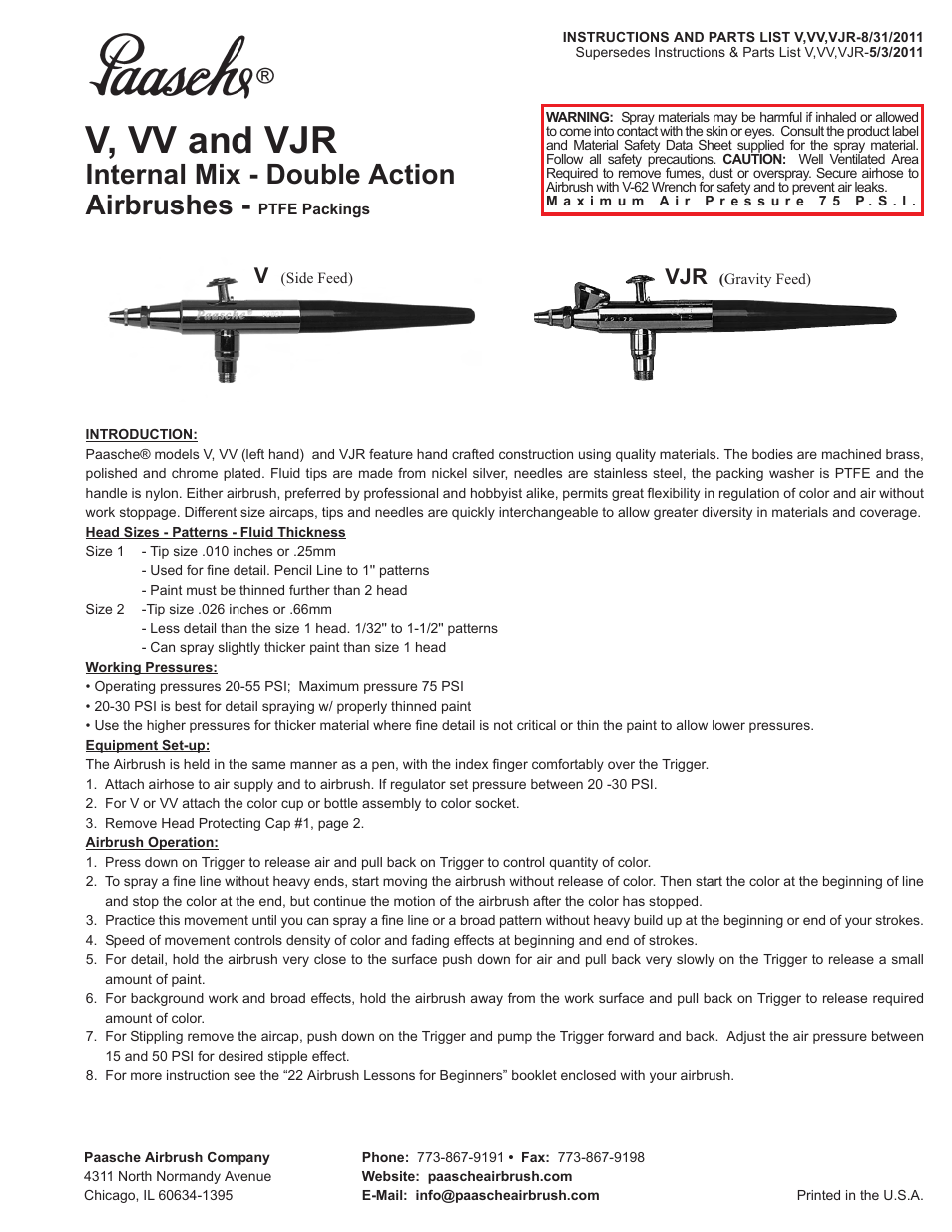 Paasche Airbrush V,VJR,VV-PL User Manual | 4 pages