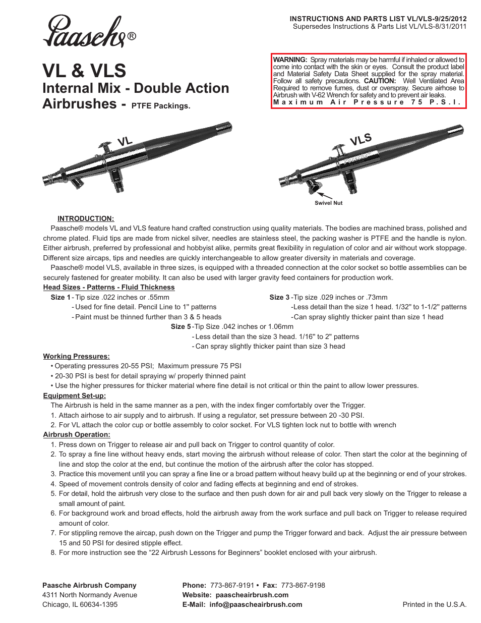 Paasche Airbrush VL/VLS-PL User Manual | 4 pages