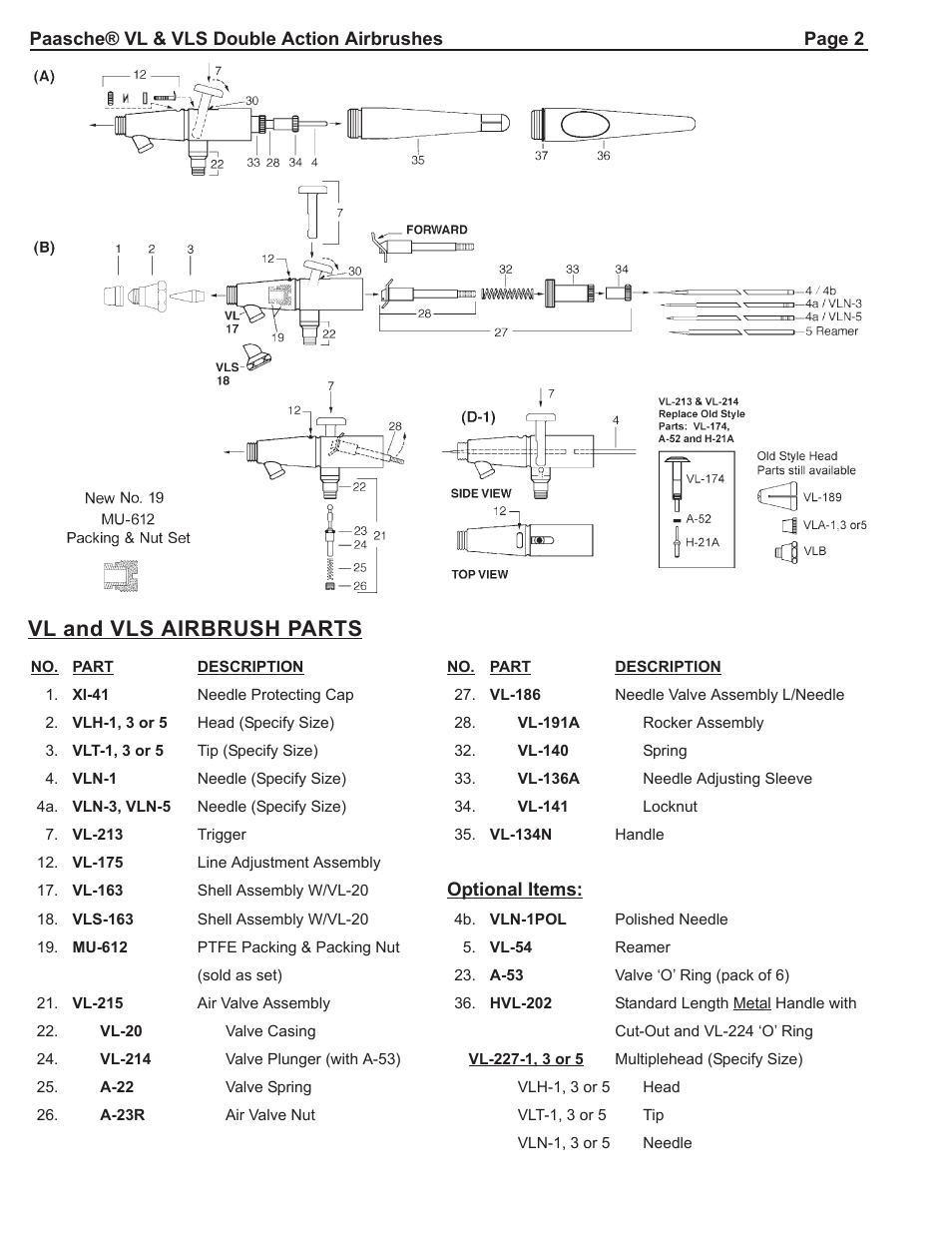 Vl and vls airbrush parts | Paasche Airbrush VL/VLS-PL User Manual | Page 2 / 4