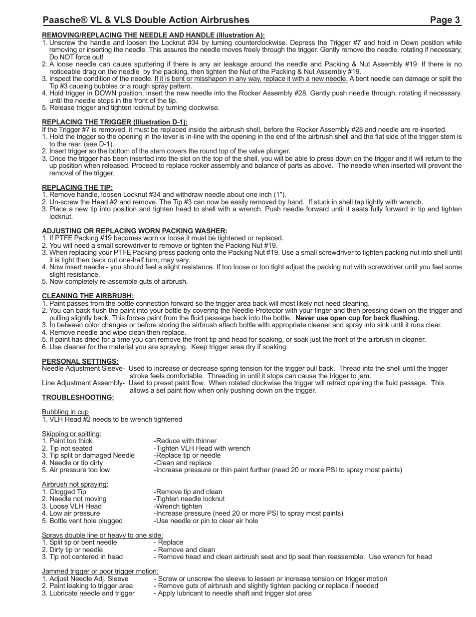 Paasche® vl & vls double action airbrushes page 3 | Paasche Airbrush VL/VLS-PL User Manual | Page 3 / 4