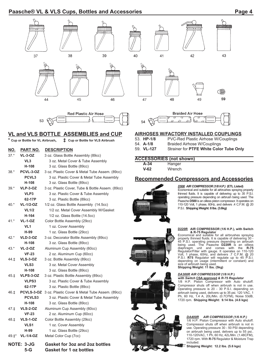 Vl and vls bottle assemblies and cup, Recommended compressors and accessories | Paasche Airbrush VL/VLS-PL User Manual | Page 4 / 4