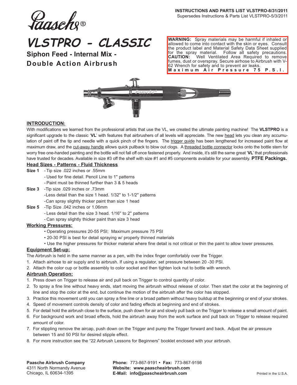 Paasche Airbrush VLST-PL User Manual | 4 pages