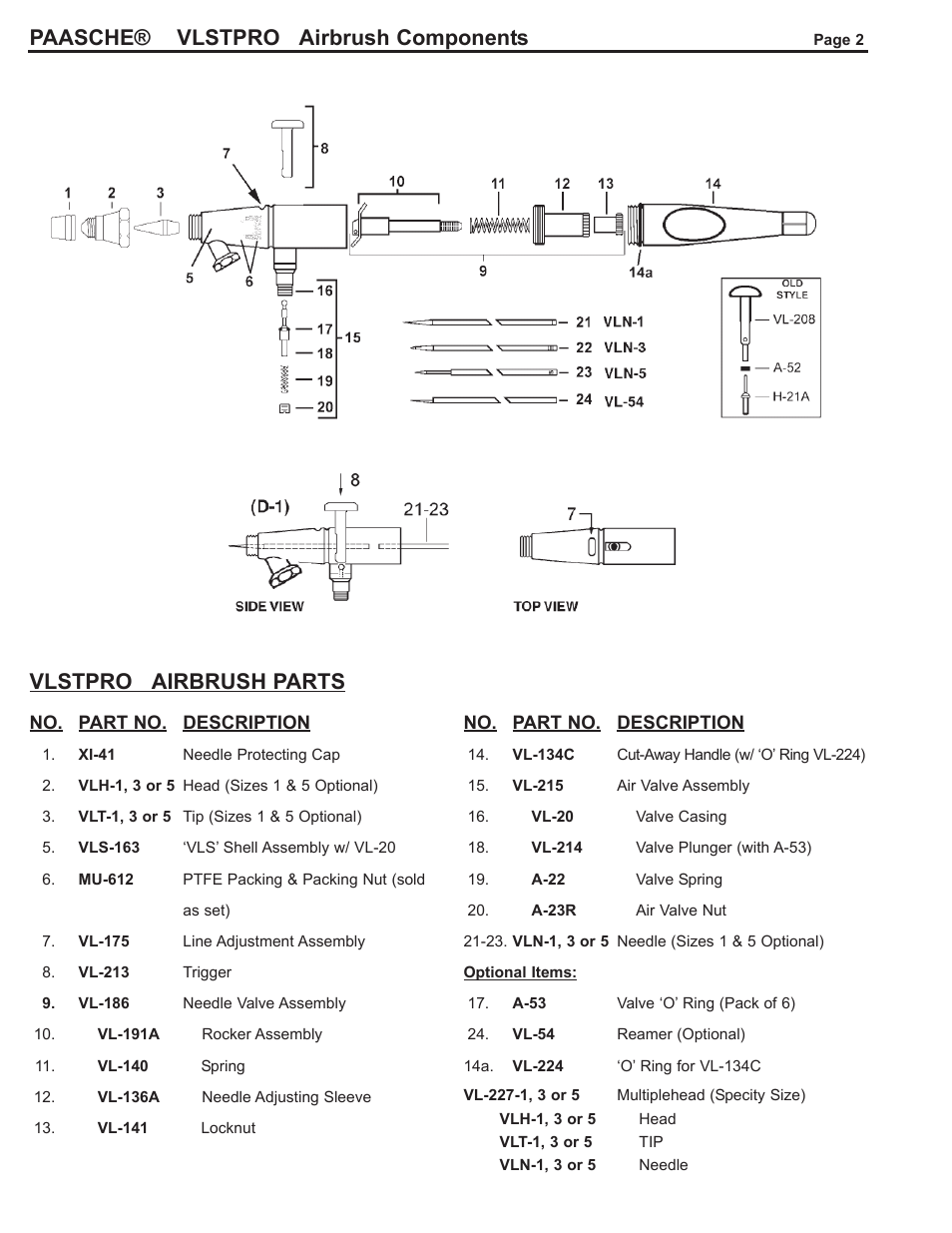 Paasche® vlstpro airbrush components, Vlstpro airbrush parts | Paasche Airbrush VLST-PL User Manual | Page 2 / 4