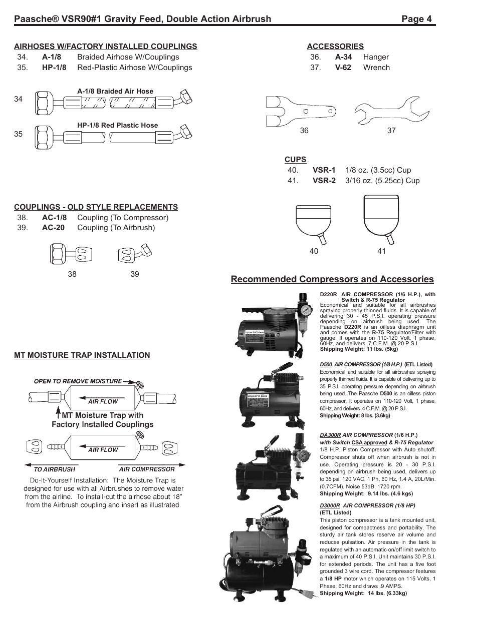 Recommended compressors and accessories | Paasche Airbrush VSR-PL User Manual | Page 4 / 4
