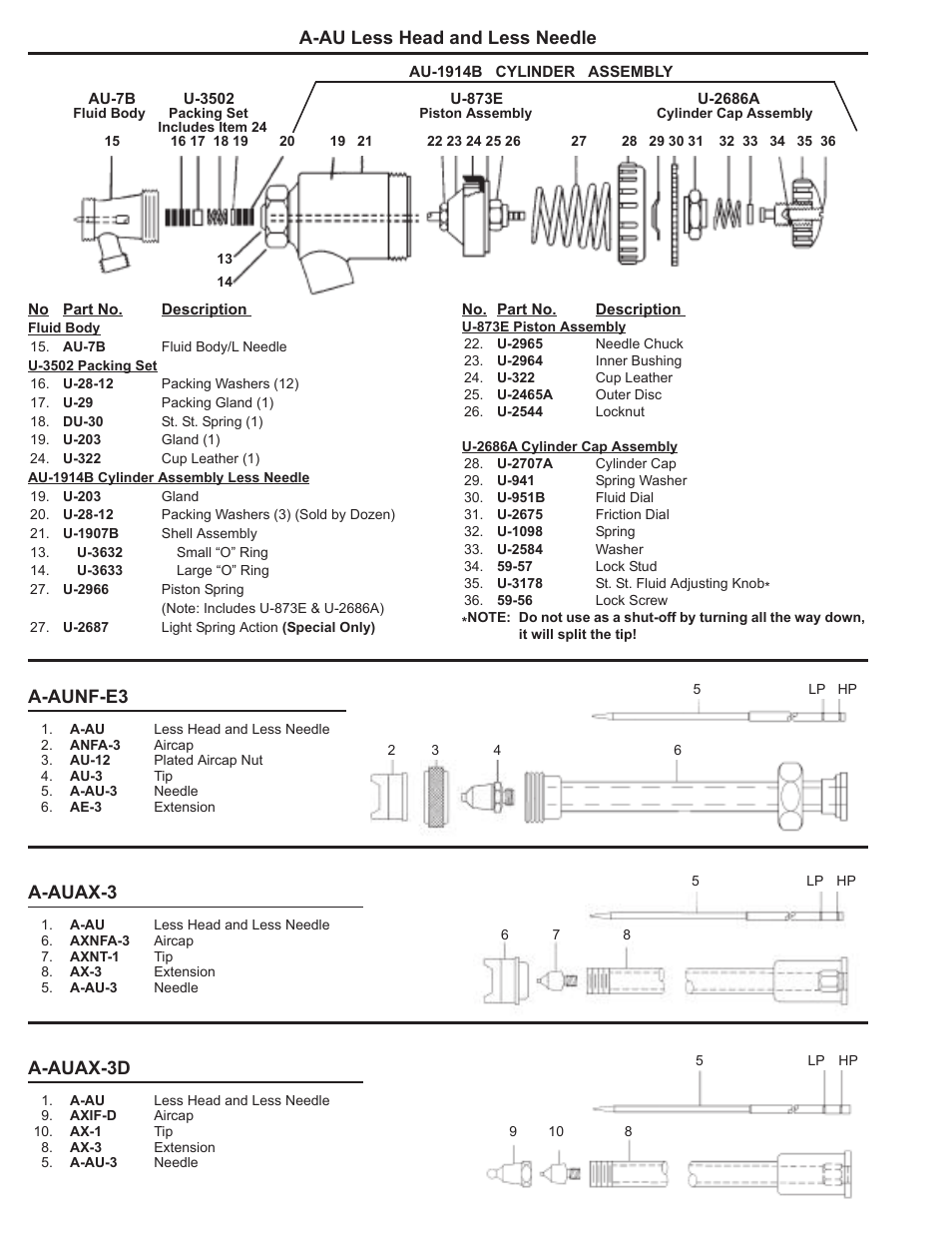 A-aunf-e3, A-auax-3, A-auax-3d | A-au less head and less needle | Paasche Airbrush A-AUAX-PL User Manual | Page 2 / 2