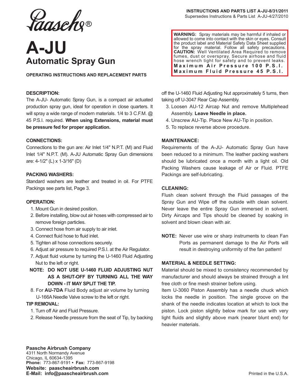 Paasche Airbrush A-JU-PL User Manual | 4 pages