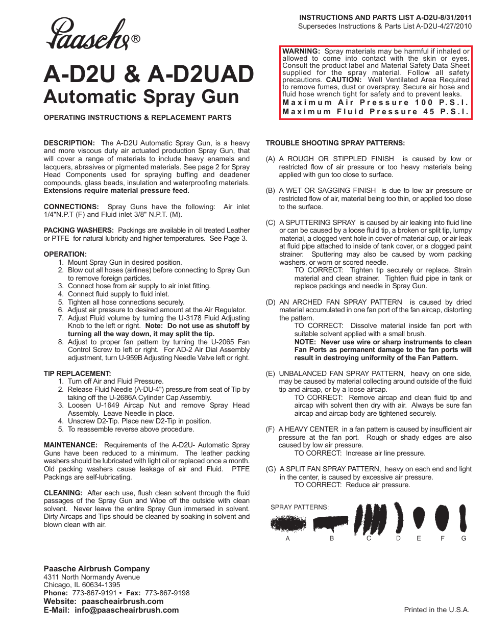 Paasche Airbrush A-D2U-PL User Manual | 4 pages