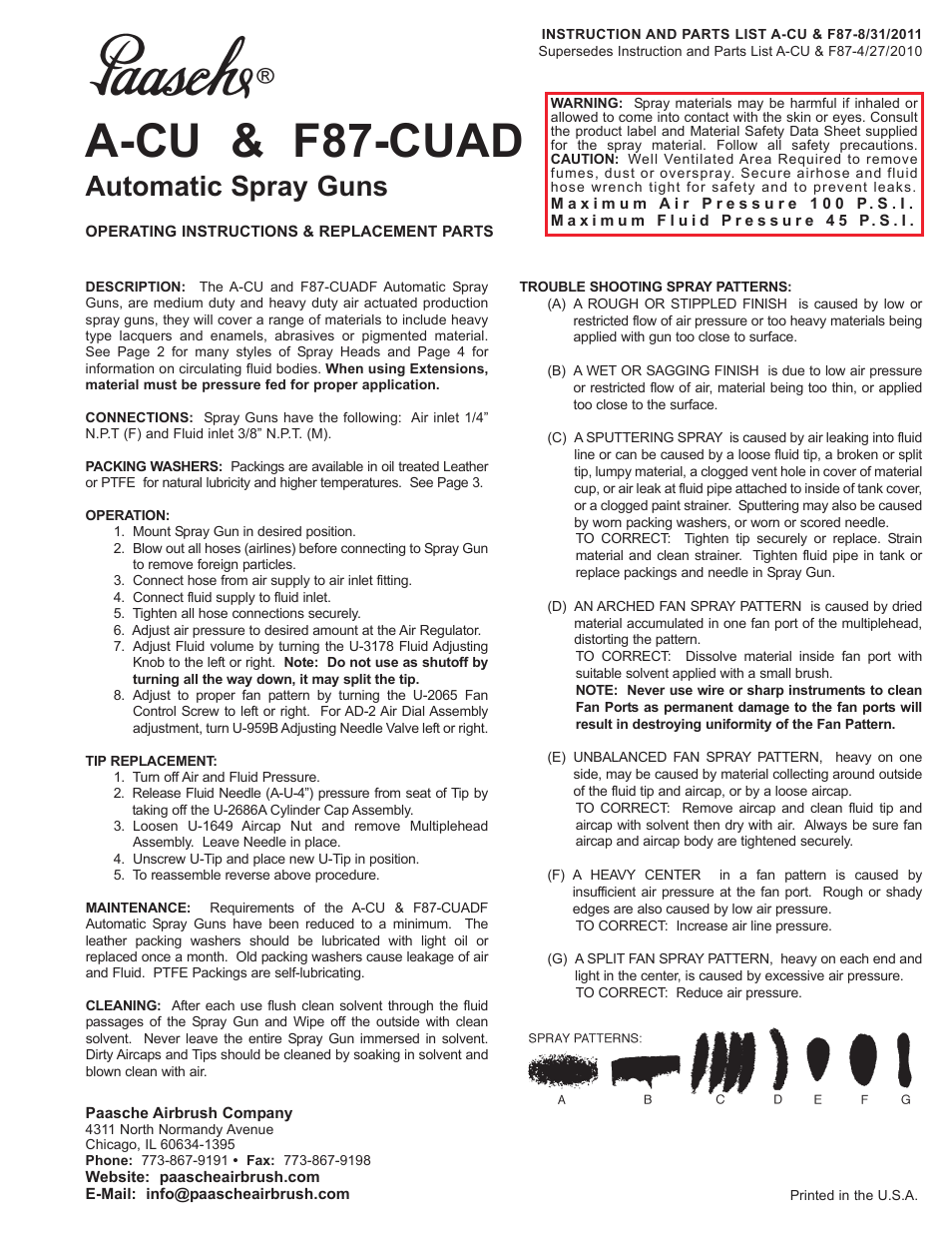 Paasche Airbrush A-CU/F87-PL User Manual | 4 pages