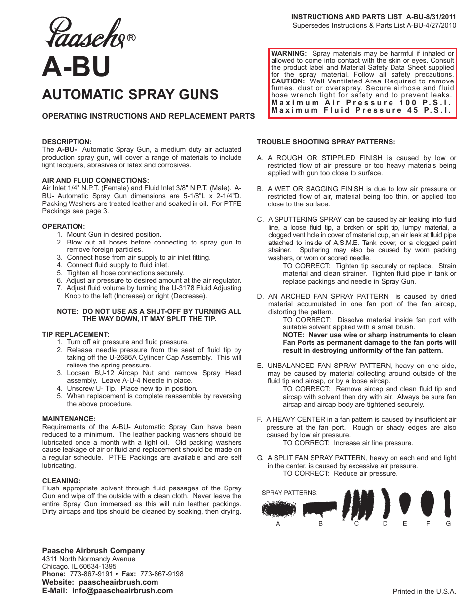 Paasche Airbrush A-BU-PL User Manual | 4 pages