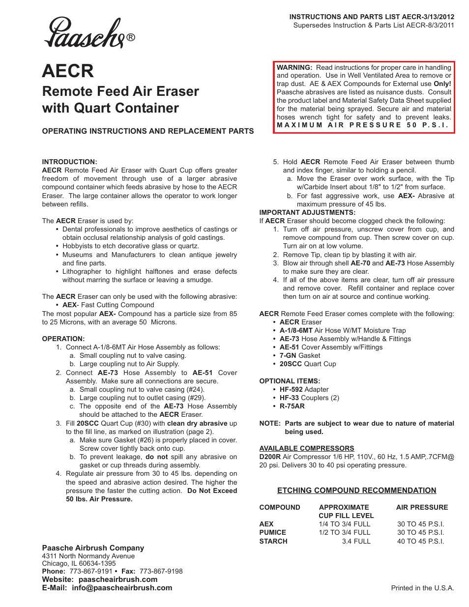 Paasche Airbrush AECR-PL User Manual | 2 pages