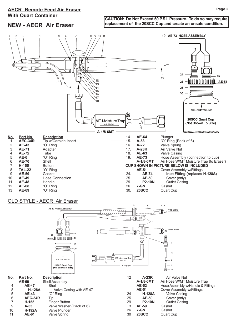 New - aecr air eraser, Aecr remote feed air eraser with quart container, Old style - aecr air eraser | Paasche Airbrush AECR-PL User Manual | Page 2 / 2
