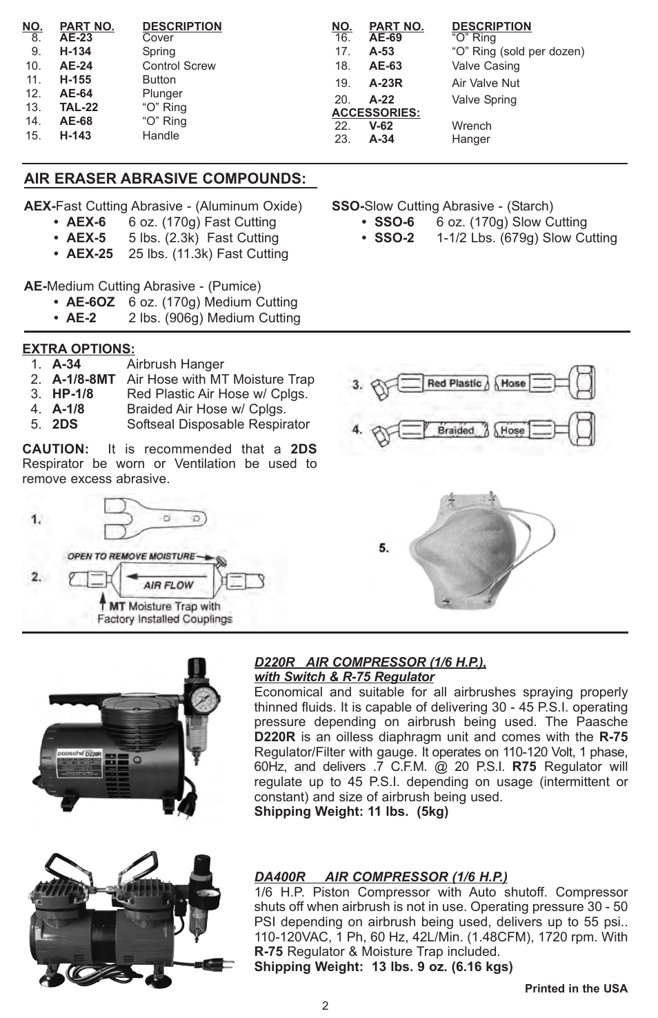 Air eraser abrasive compounds | Paasche Airbrush AEC-PL User Manual | Page 2 / 8