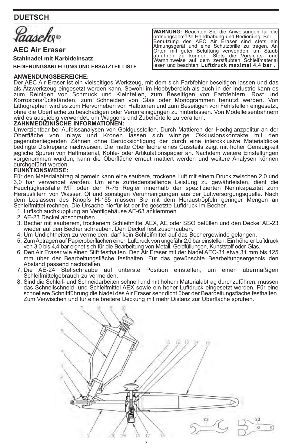 Duetsch, Aec air eraser | Paasche Airbrush AEC-PL User Manual | Page 3 / 8