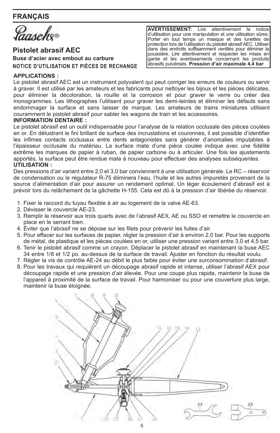 Français, Pistolet abrasif aec | Paasche Airbrush AEC-PL User Manual | Page 5 / 8