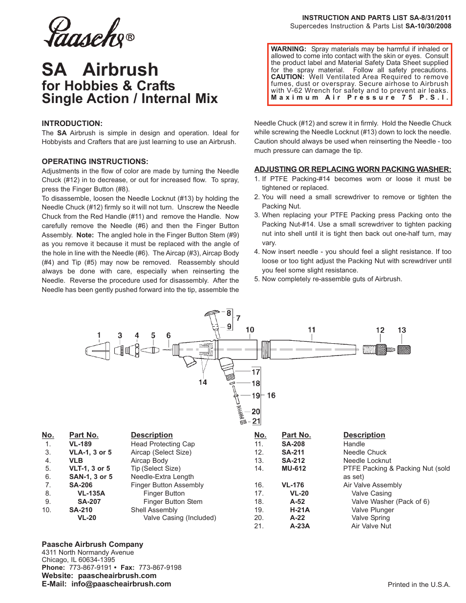 Paasche Airbrush SA-PL User Manual | 1 page