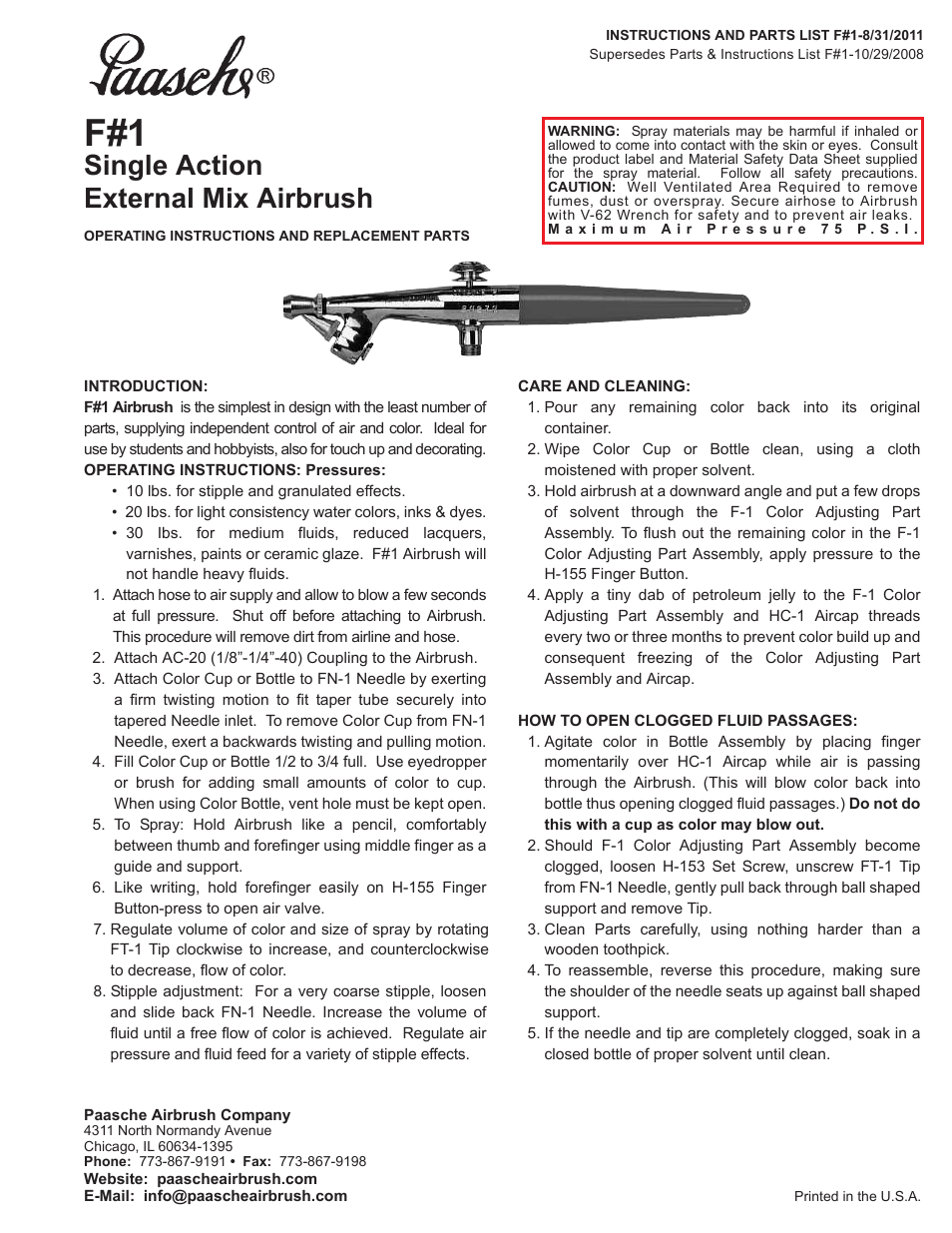 Paasche Airbrush F-PL User Manual | 2 pages