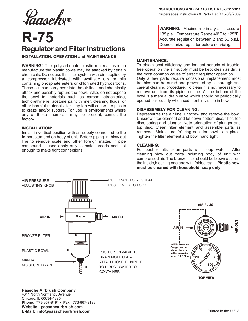 Paasche Airbrush R75-PL User Manual | 1 page