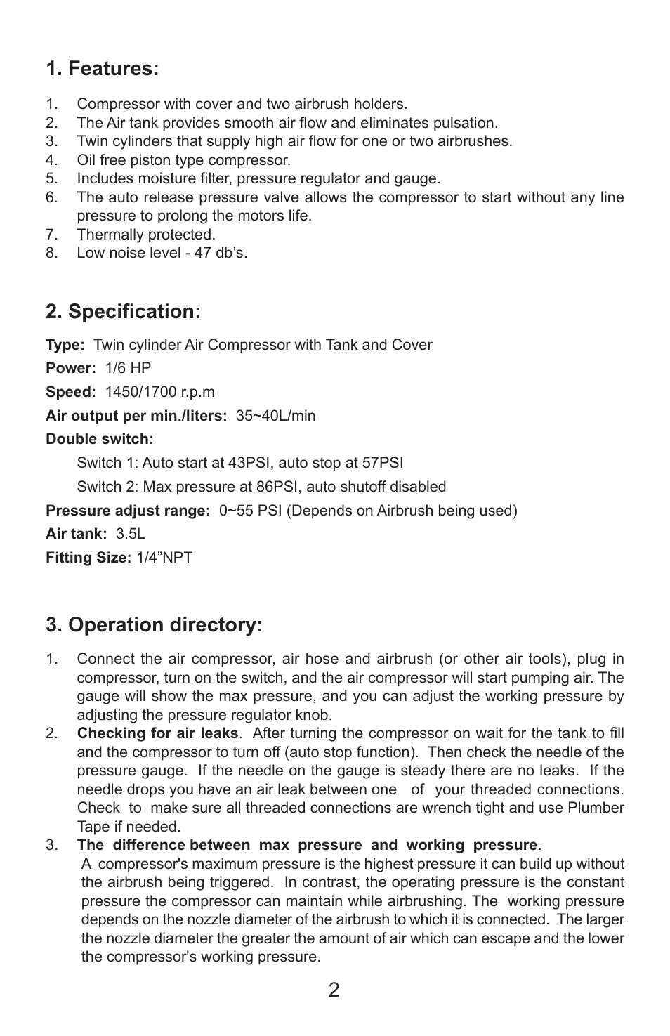 Features, Specification, Operation directory | Paasche Airbrush DC600R-PL User Manual | Page 2 / 4