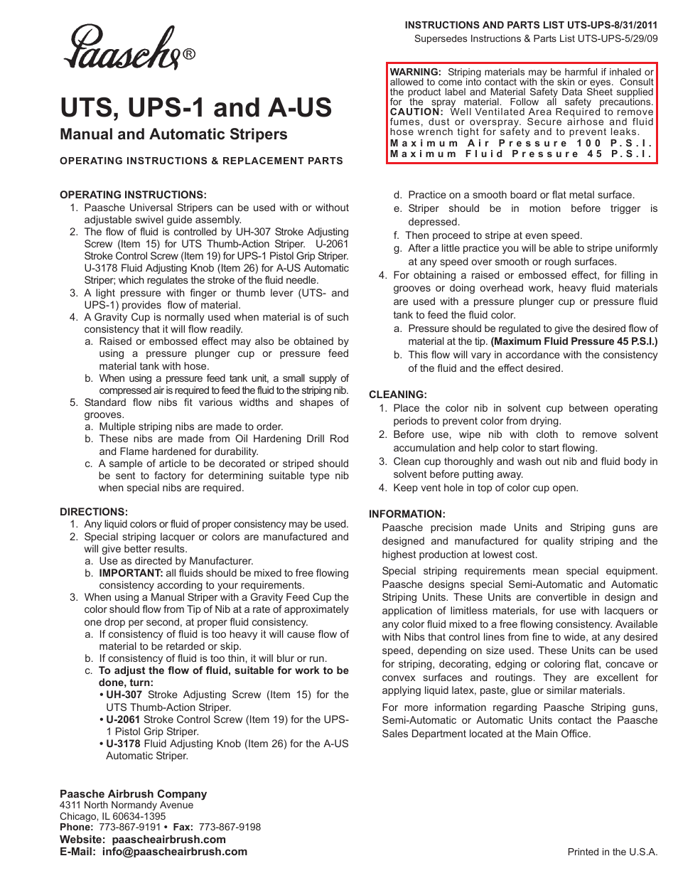 Paasche Airbrush A-US User Manual | 4 pages