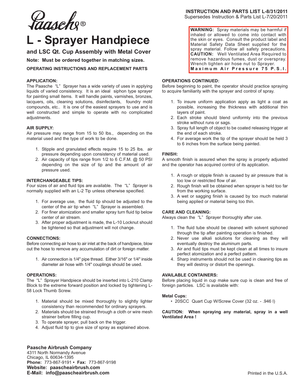 Paasche Airbrush L-PL User Manual | 2 pages