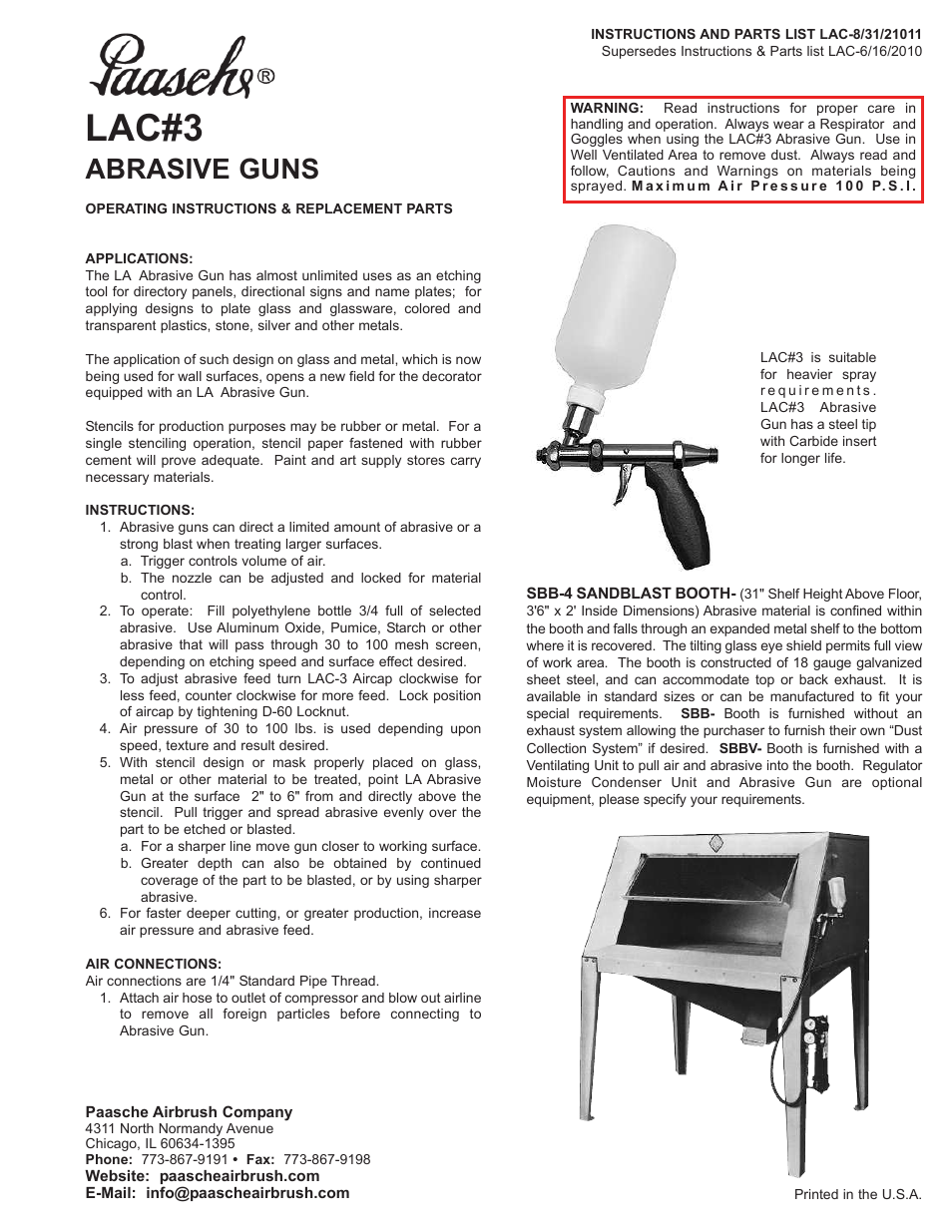 Paasche Airbrush LAC-PL User Manual | 2 pages