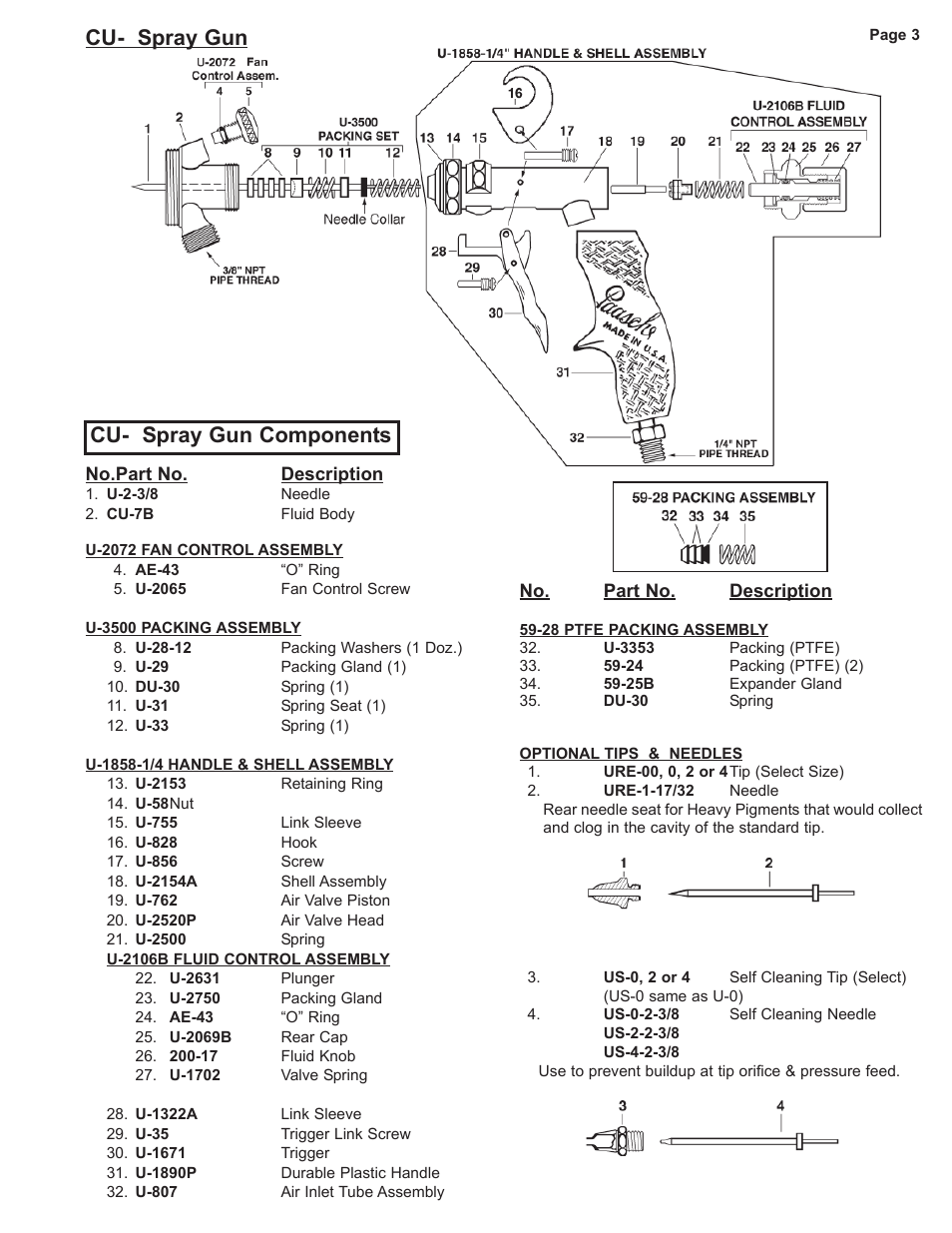 Cu- spray gun, Cu- spray gun components | Paasche Airbrush CU-PL User Manual | Page 3 / 4