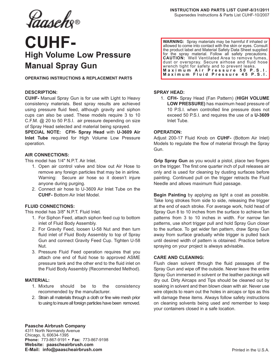 Paasche Airbrush CUHF-PL User Manual | 2 pages