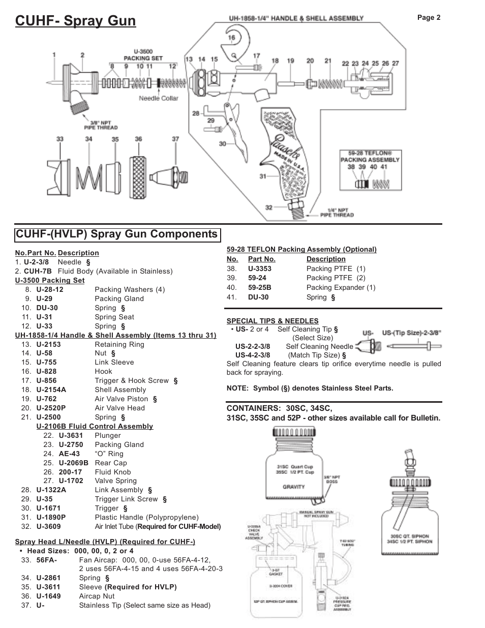 Cuhf- spray gun, Cuhf-(hvlp) spray gun components | Paasche Airbrush CUHF-PL User Manual | Page 2 / 2