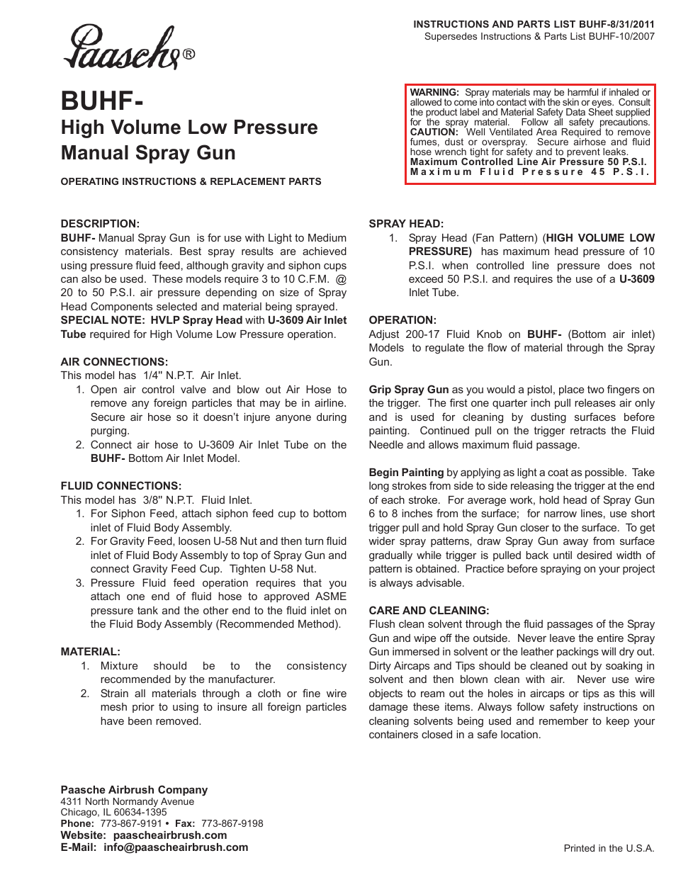 Paasche Airbrush BUHF-PL User Manual | 2 pages
