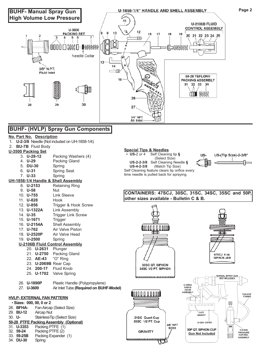 Buhf- manual spray gun high volume low pressure, Buhf- (hvlp) spray gun components | Paasche Airbrush BUHF-PL User Manual | Page 2 / 2