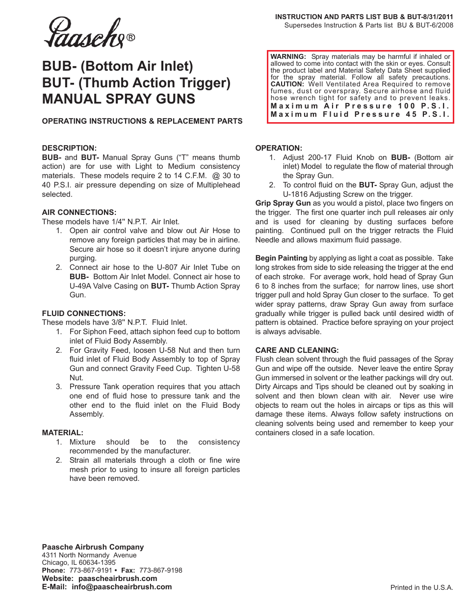 Paasche Airbrush BUT User Manual | 4 pages