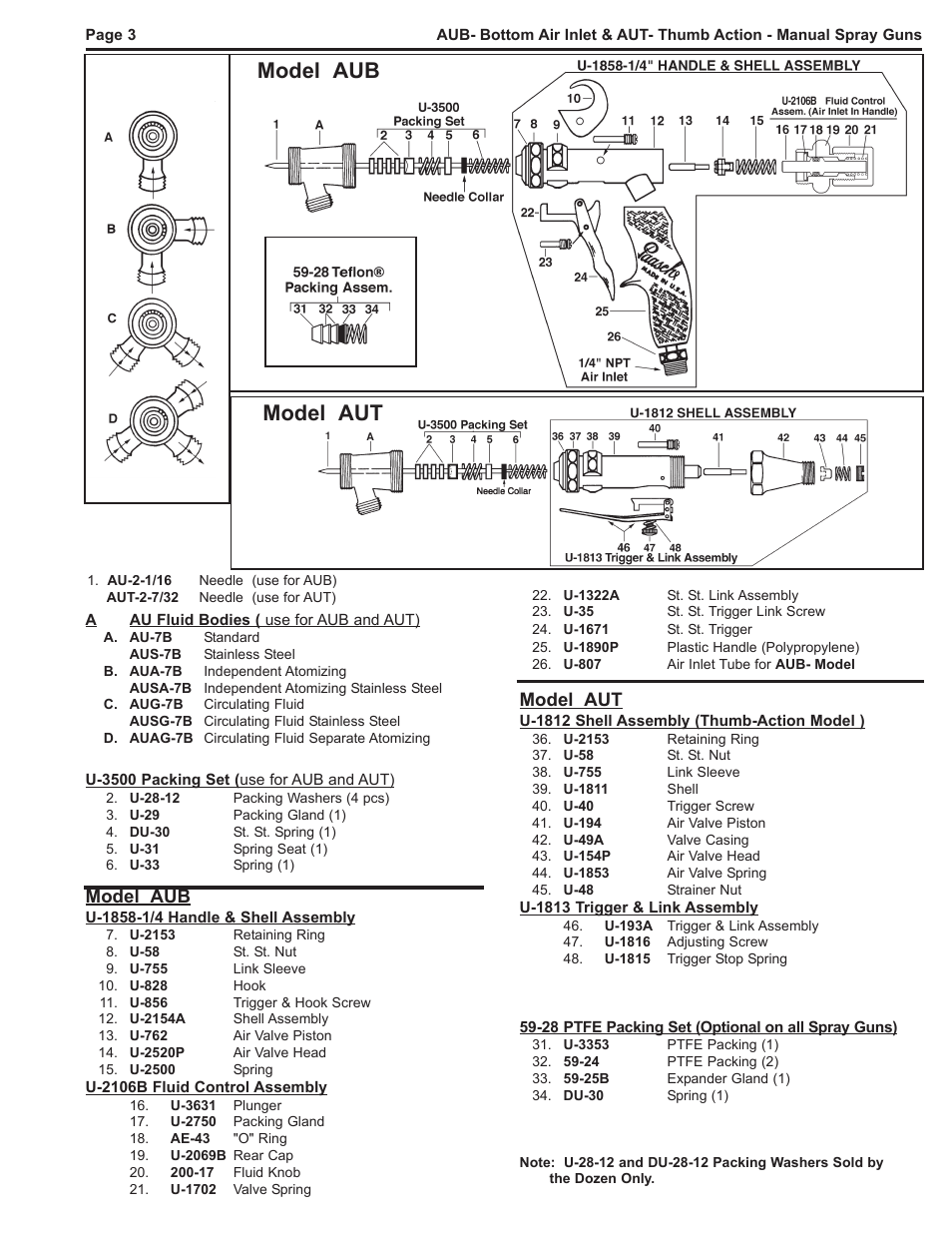 Model aut model aub, Model aub, Model aut | Paasche Airbrush AUT User Manual | Page 3 / 4