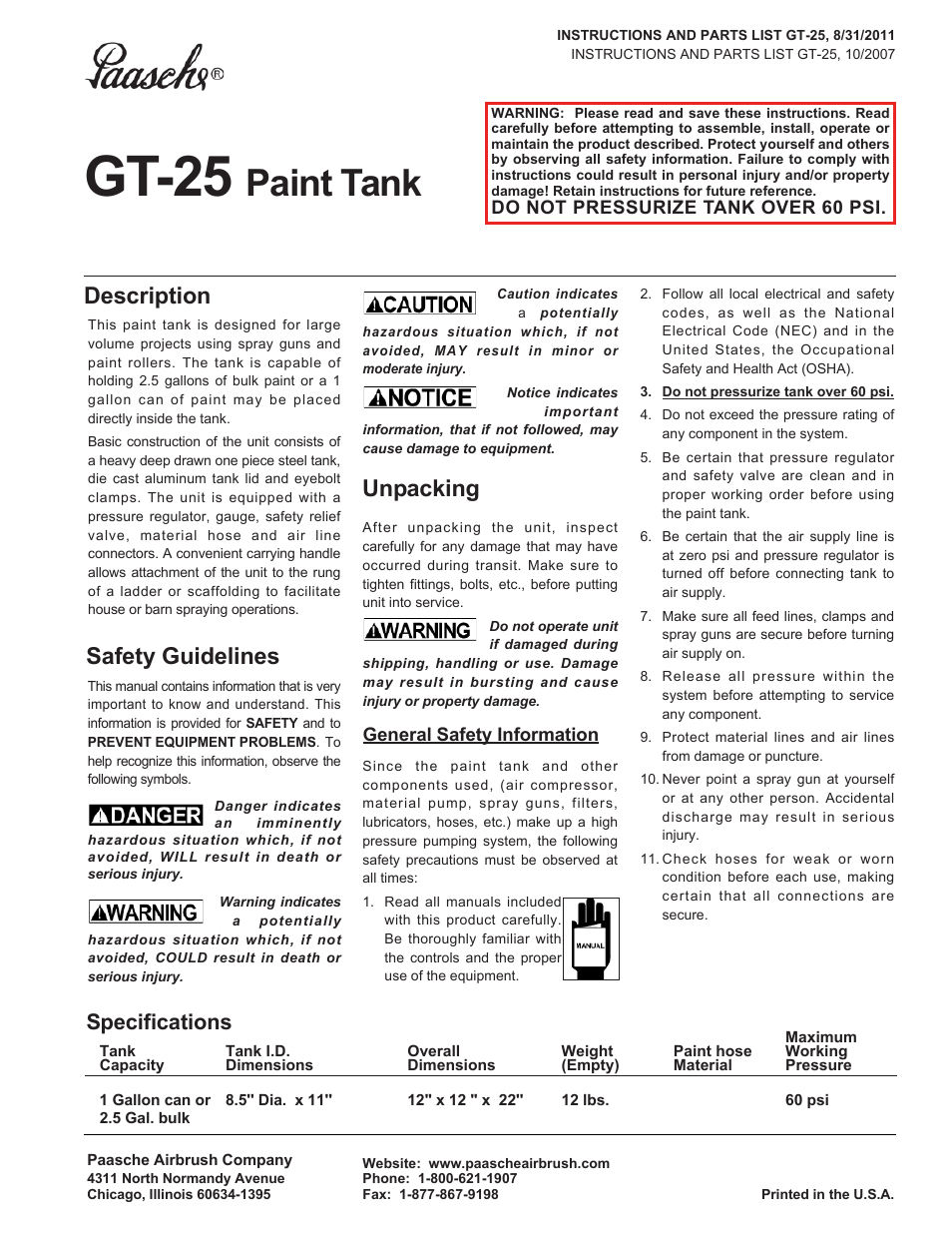 Paasche Airbrush GT-PL User Manual | 8 pages