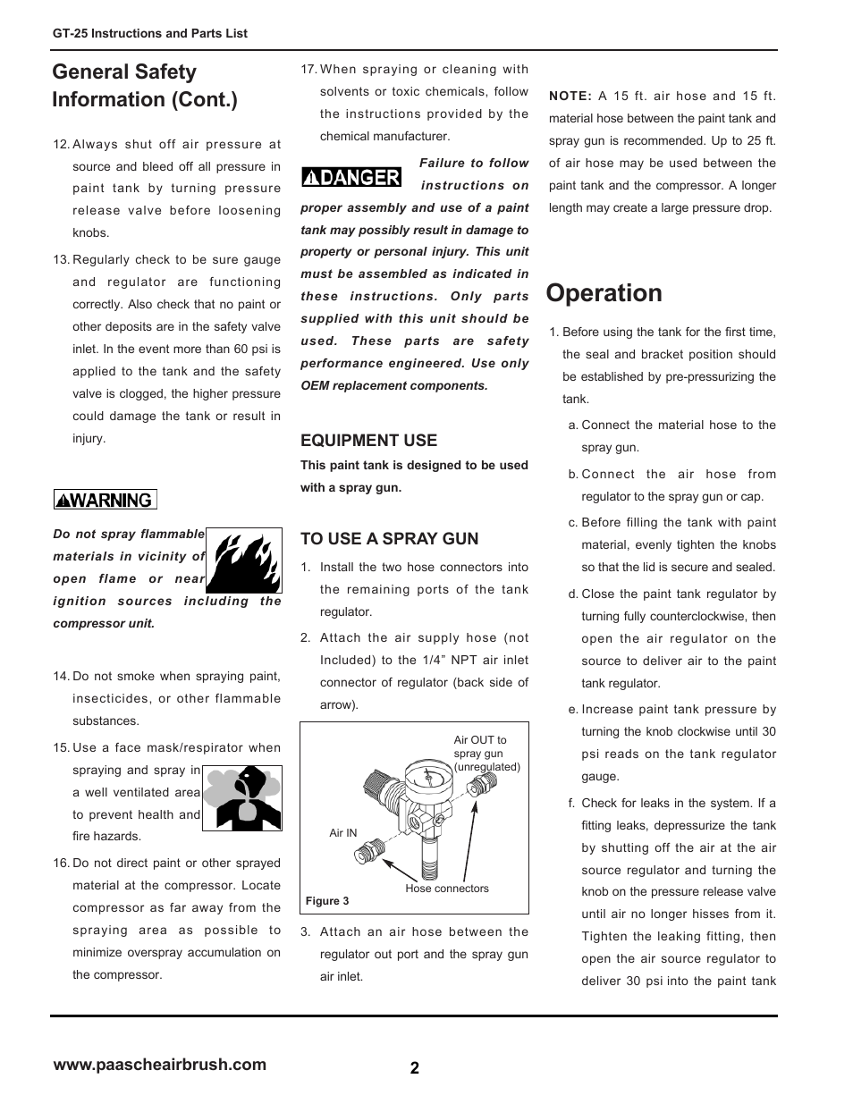 Operation, General safety information (cont.), Equipment use | Paasche Airbrush GT-PL User Manual | Page 2 / 8