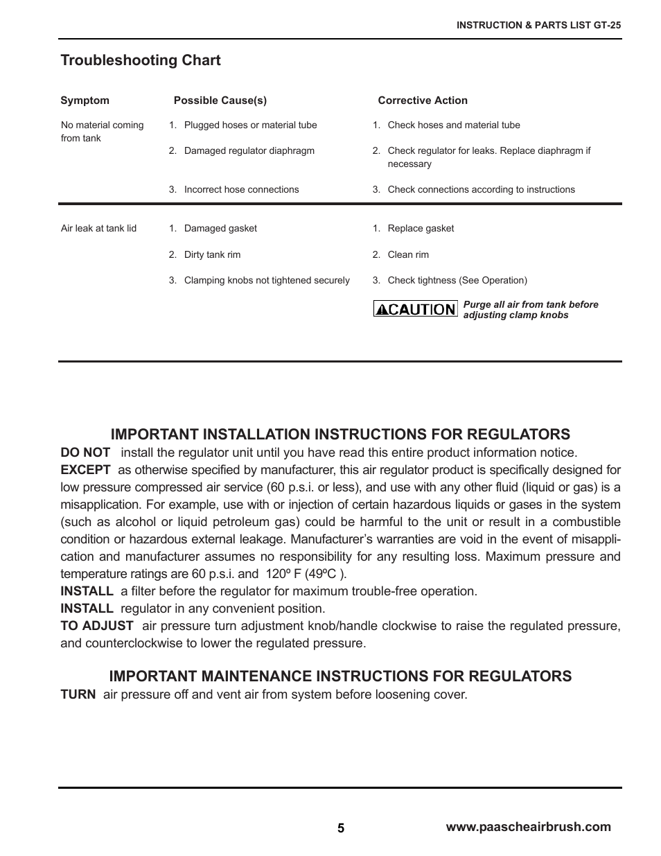 Troubleshooting chart, Important installation instructions for regulators, Important maintenance instructions for regulators | Paasche Airbrush GT-PL User Manual | Page 5 / 8