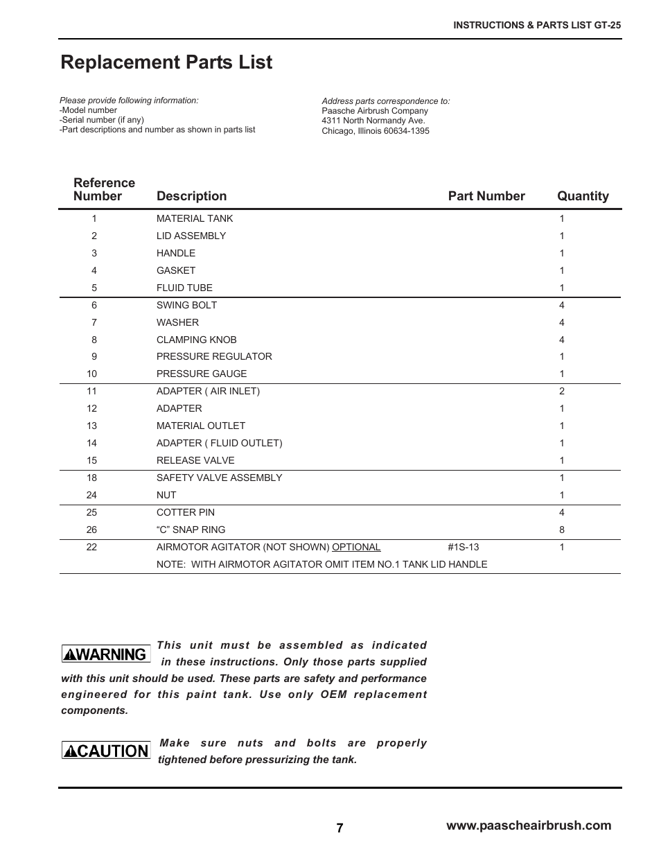 Replacement parts list | Paasche Airbrush GT-PL User Manual | Page 7 / 8