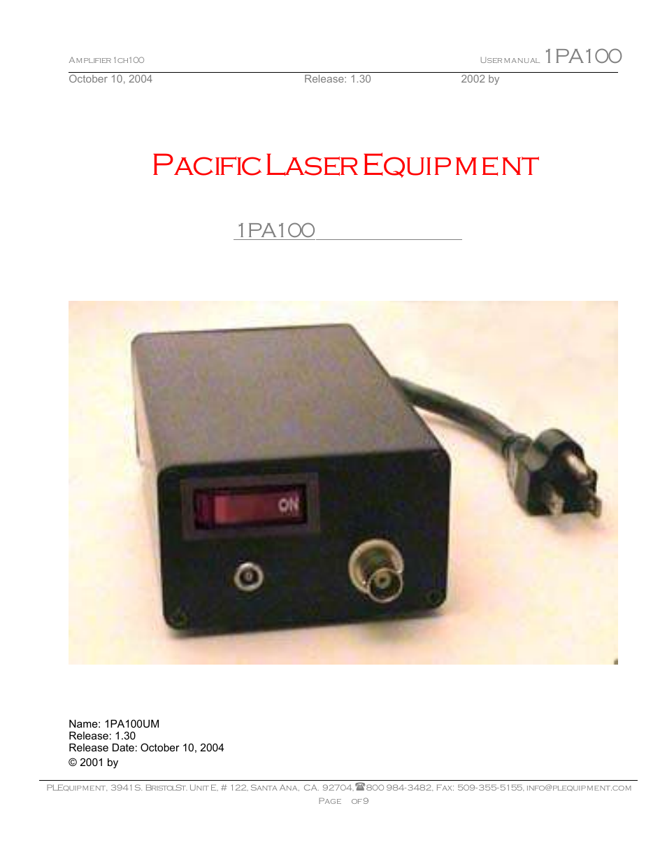 Pacific Laser Equipment 1PA-100 User Manual | 9 pages